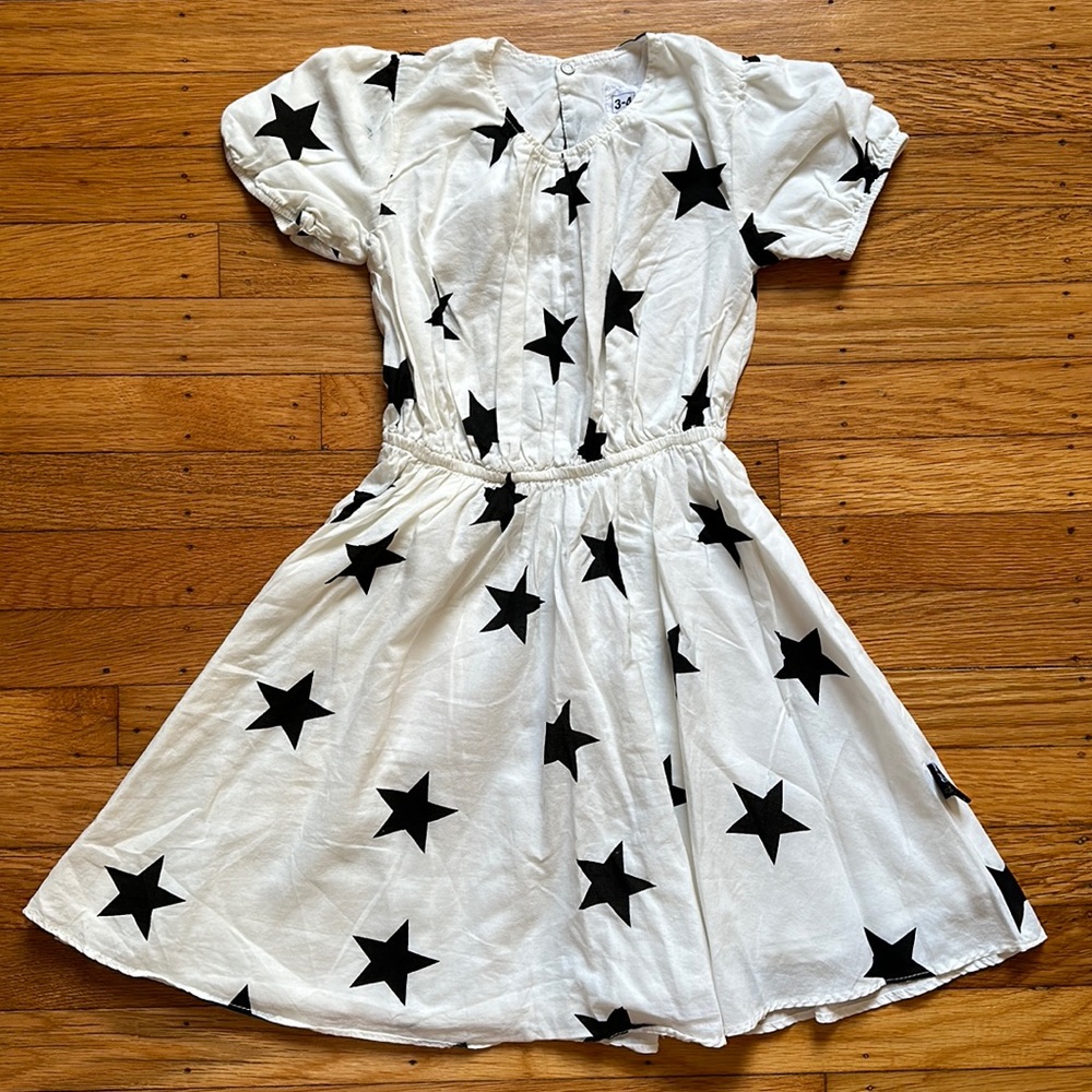 NUNUNU White Doll Star Cotton Dress in White & Black Size 3-4